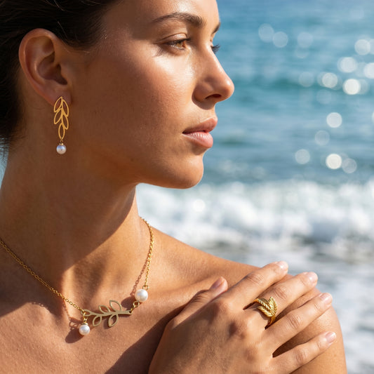 Botanical Leaf & Pearl 3-Piece Jewelry Set - Tarnish-Resistant Hypoallergenic for Women