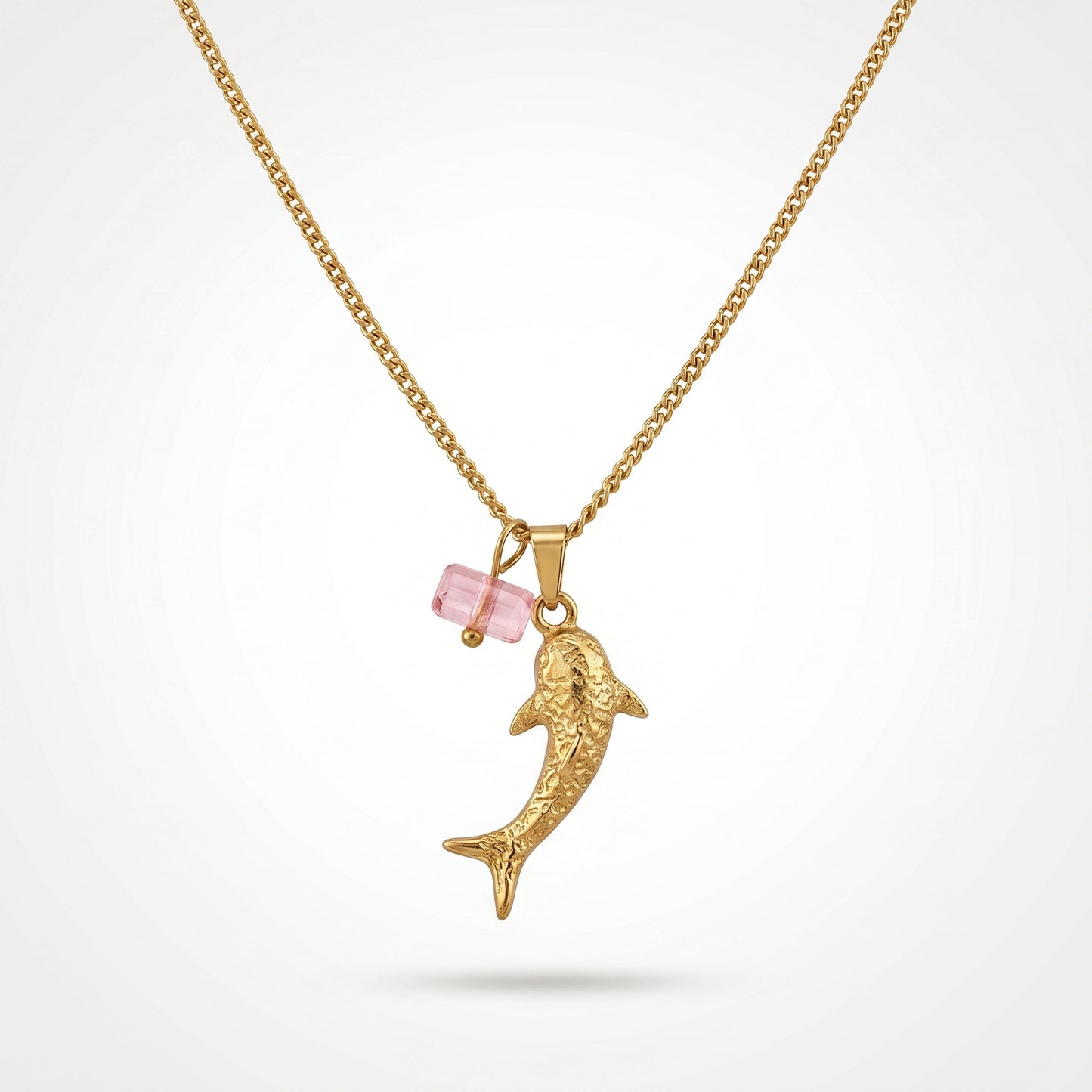 Ocean Theme Shark & Rose Quartz Charm Curb Chain Necklace - Tarnish-Resistant Hypoallergenic for Women