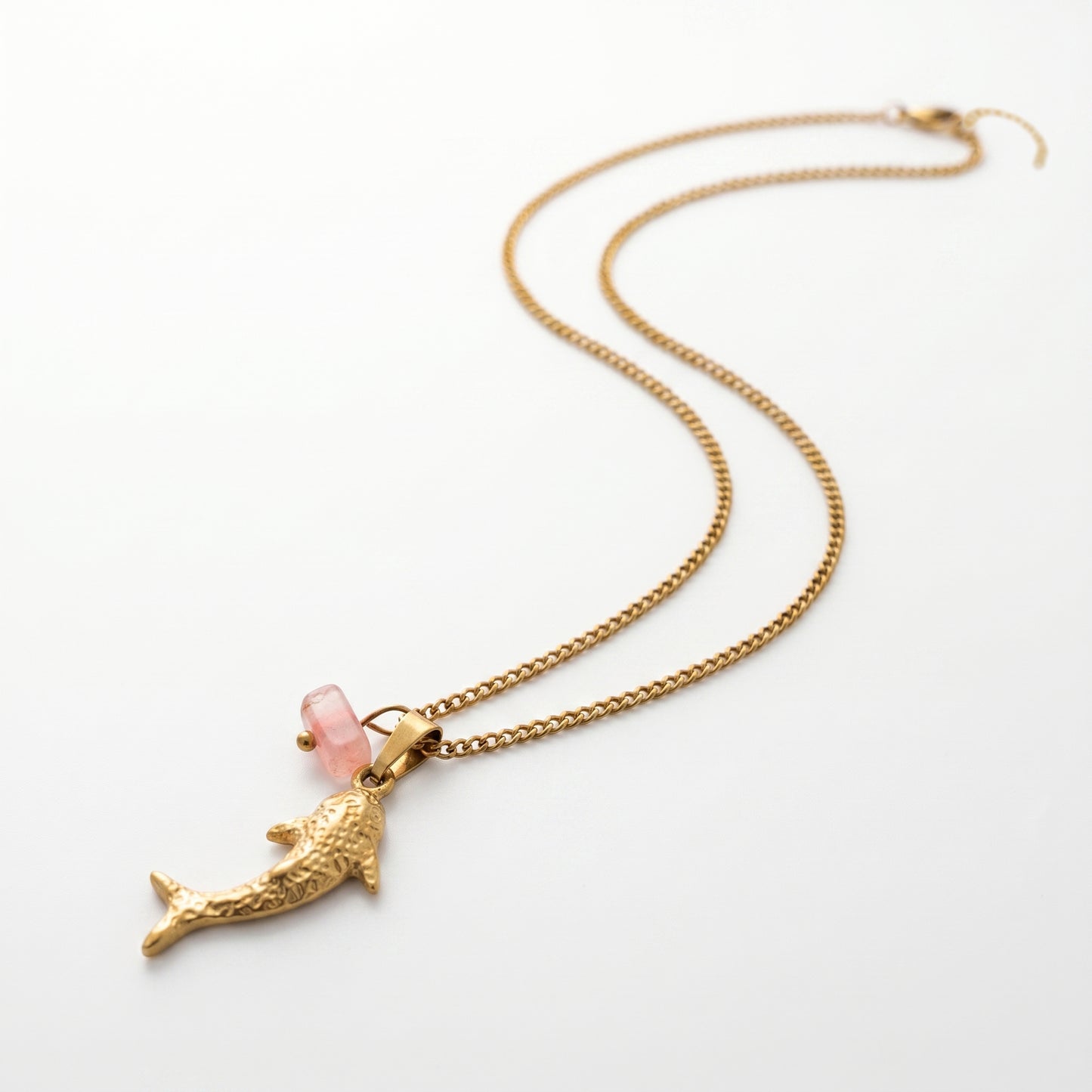 Ocean Theme Shark & Rose Quartz Charm Curb Chain Necklace - Tarnish-Resistant Hypoallergenic for Women