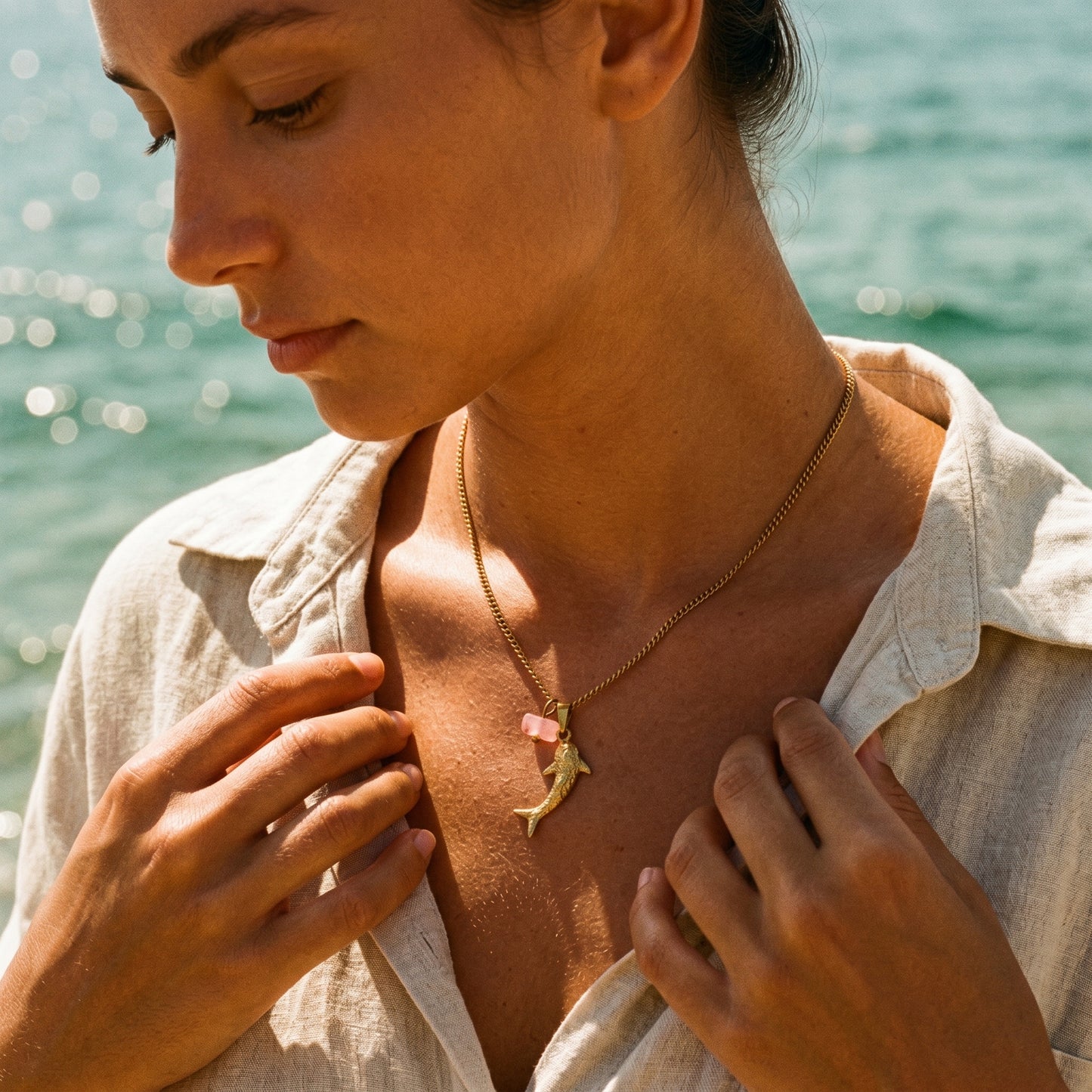 Ocean Theme Shark & Rose Quartz Charm Curb Chain Necklace - Tarnish-Resistant Hypoallergenic for Women