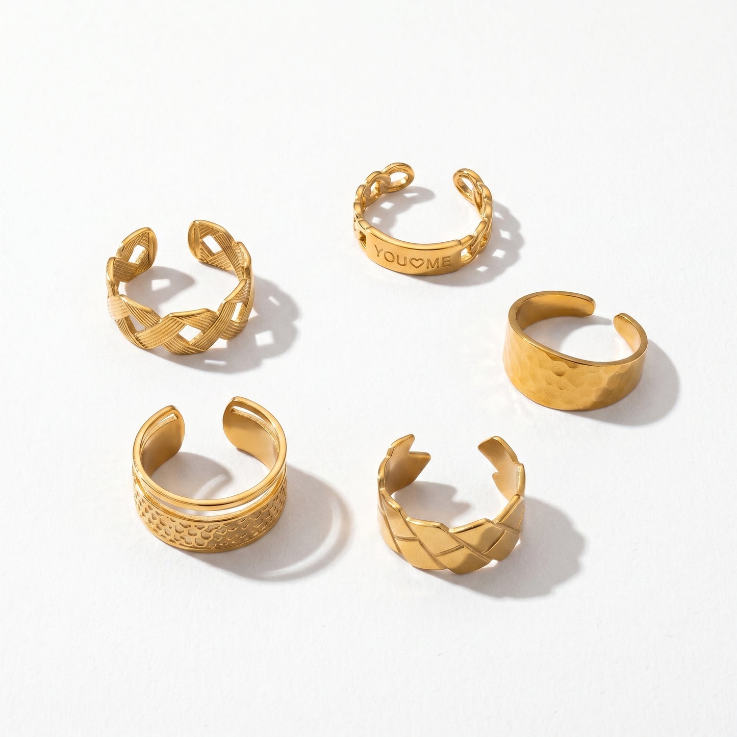 Hypoallergenic Gold Open Ring Set 5Pcs - You & Me Engraved Stackable Rings for Women’s Daily Jewelry
