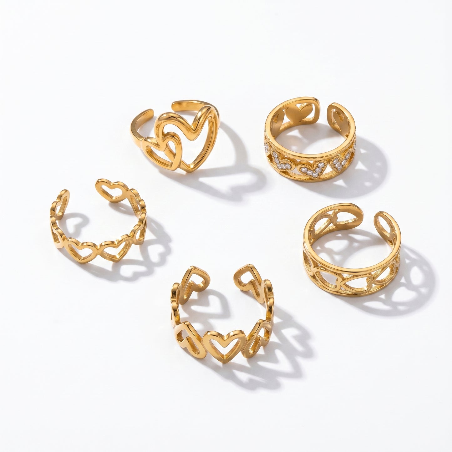 5Pcs 18K Gold Plated Stainless Steel Ring Set - Adjustable Open Stackable Statement Rings for Women, Wave Teardrop Hammered Design, TRUST GOD Engraved Waterproof Tarnish Resistant Jewelry