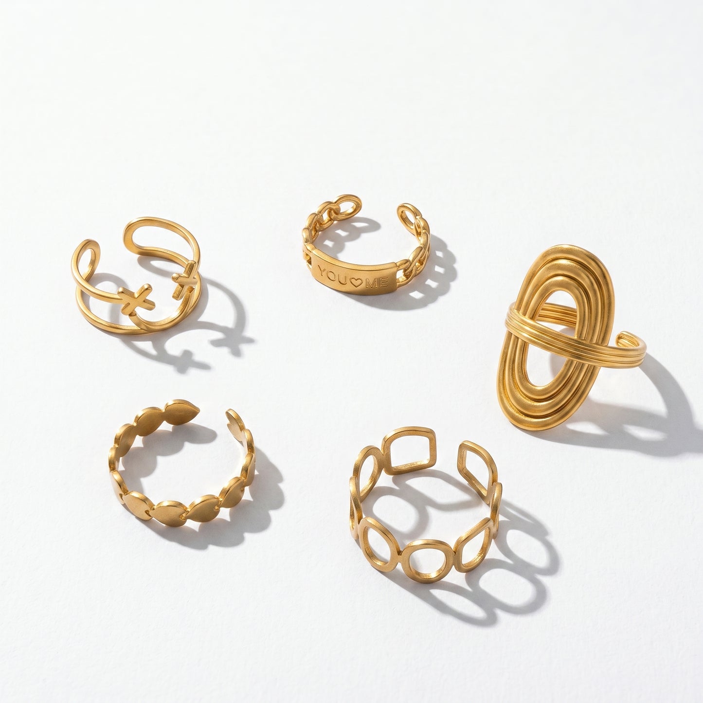 Waterproof Gold Stacking Rings Set 5Pcs - Adjustable Open Band Stainless Steel Rings with You & Me Engraving, Minimalist Geometric Jewelry for Women