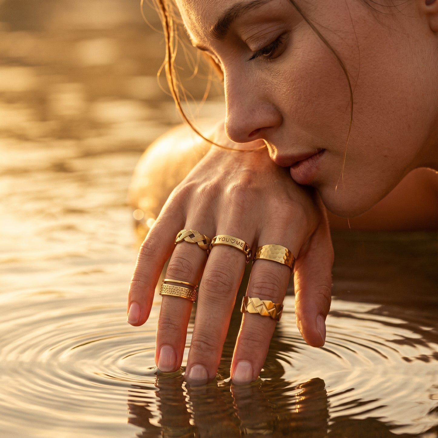 Hypoallergenic Gold Open Ring Set 5Pcs - You & Me Engraved Stackable Rings for Women’s Daily Jewelry