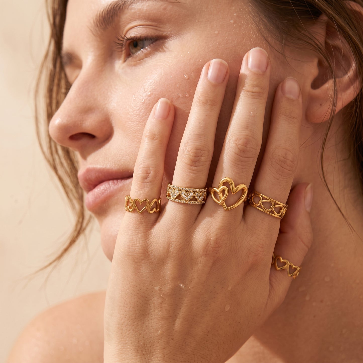 5Pcs 18K Gold Plated Stainless Steel Ring Set - Adjustable Open Stackable Statement Rings for Women, Wave Teardrop Hammered Design, TRUST GOD Engraved Waterproof Tarnish Resistant Jewelry
