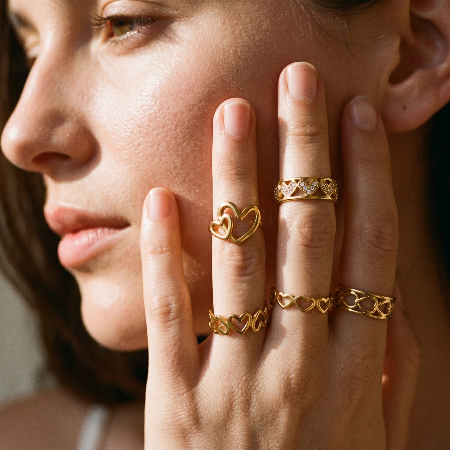 5Pcs 18K Gold Plated Stainless Steel Ring Set - Adjustable Open Stackable Statement Rings for Women, Wave Teardrop Hammered Design, TRUST GOD Engraved Waterproof Tarnish Resistant Jewelry