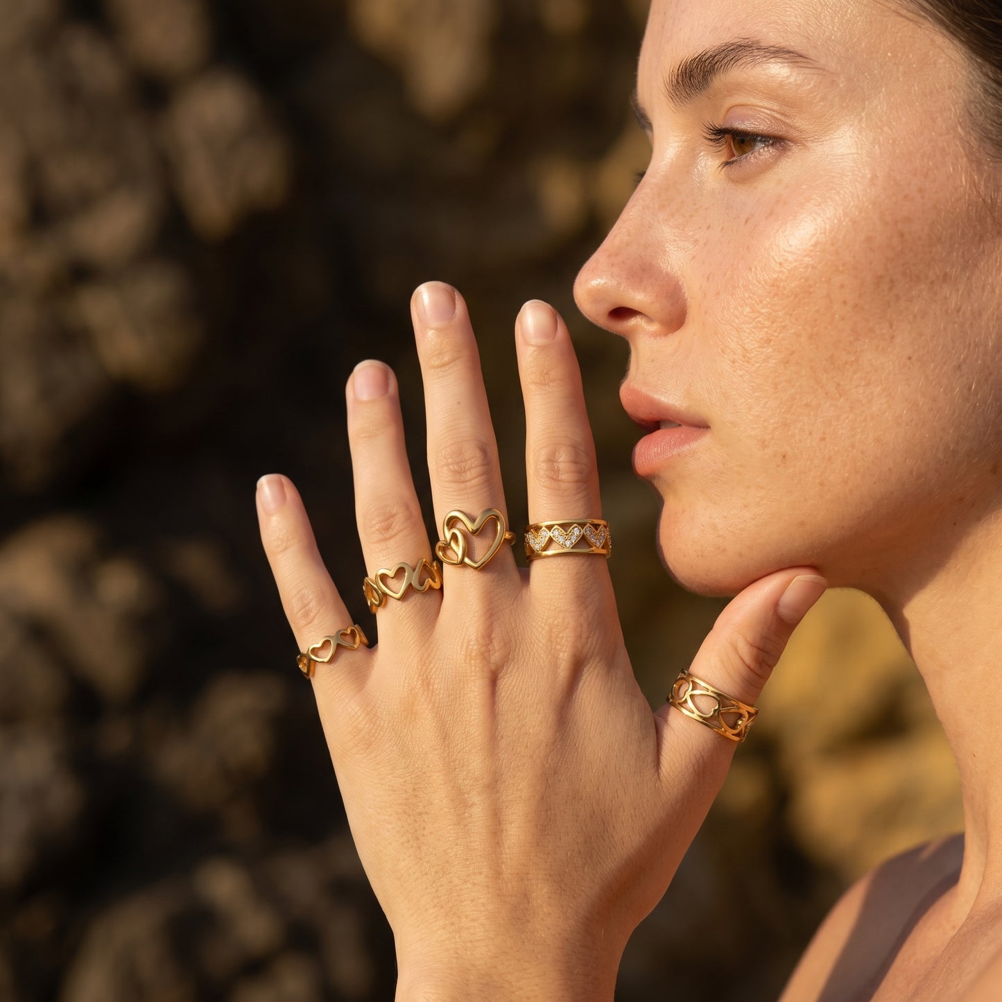 5Pcs 18K Gold Plated Stainless Steel Ring Set - Adjustable Open Stackable Statement Rings for Women, Wave Teardrop Hammered Design, TRUST GOD Engraved Waterproof Tarnish Resistant Jewelry