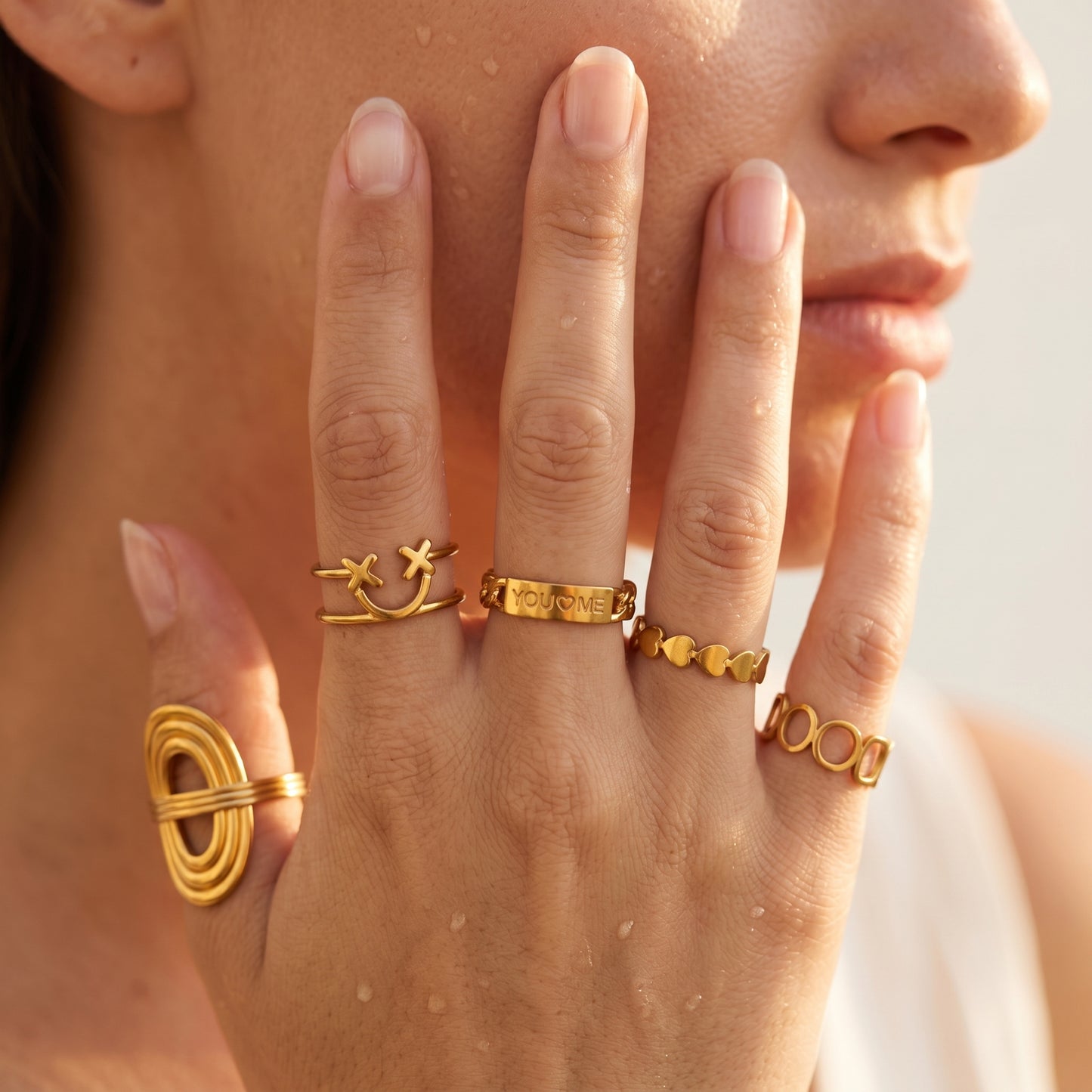 Waterproof Gold Stacking Rings Set 5Pcs - Adjustable Open Band Stainless Steel Rings with You & Me Engraving, Minimalist Geometric Jewelry for Women