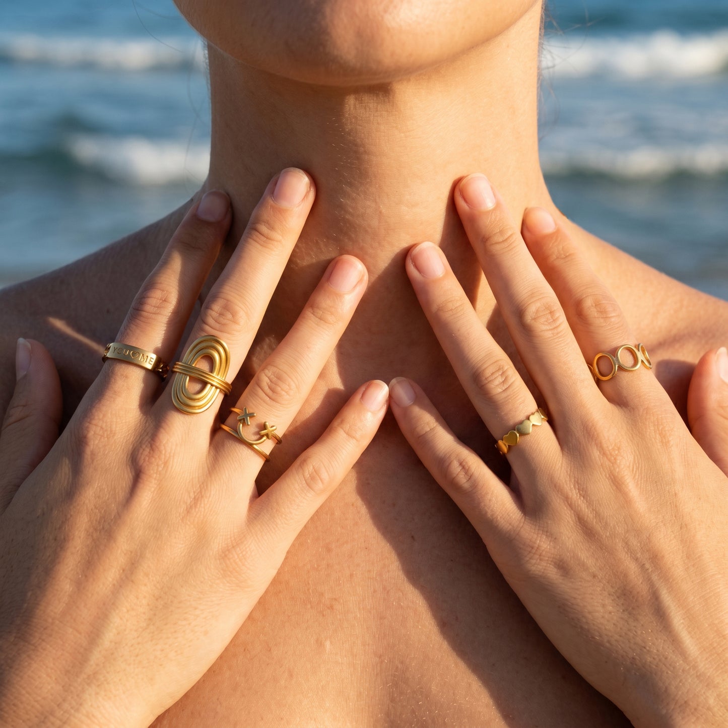 Waterproof Gold Stacking Rings Set 5Pcs - Adjustable Open Band Stainless Steel Rings with You & Me Engraving, Minimalist Geometric Jewelry for Women
