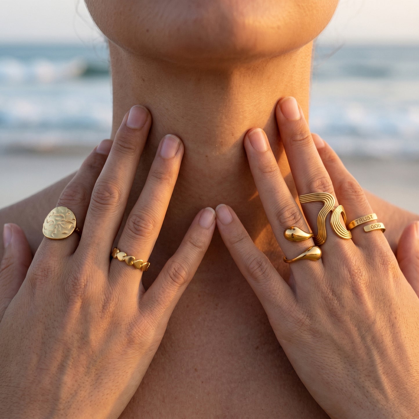 Waterproof Tarnish Resistant Gold Stackable Rings - 5Pcs Adjustable Open Set with Modern Wave Design for Daily & Beach Wear