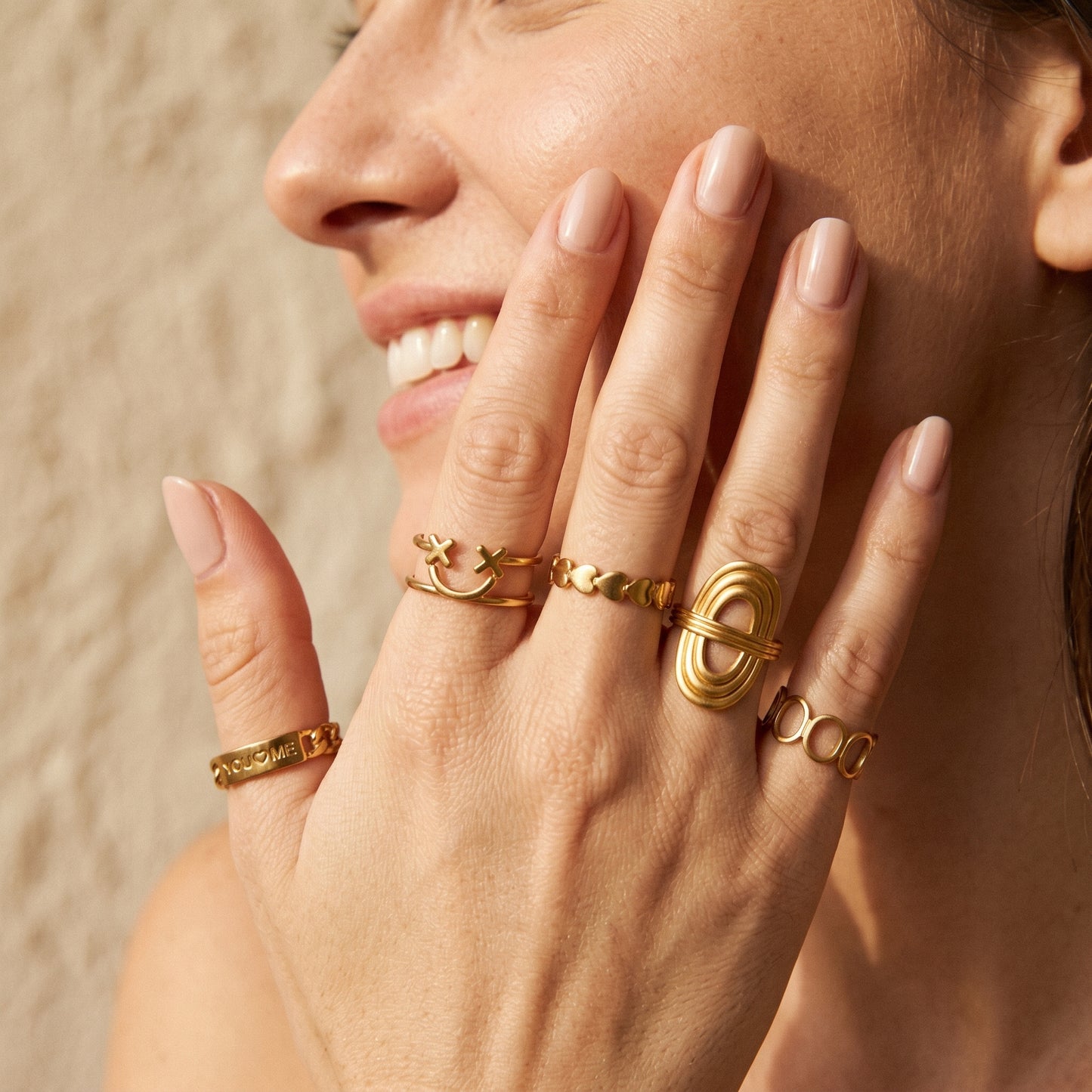 Waterproof Gold Stacking Rings Set 5Pcs - Adjustable Open Band Stainless Steel Rings with You & Me Engraving, Minimalist Geometric Jewelry for Women