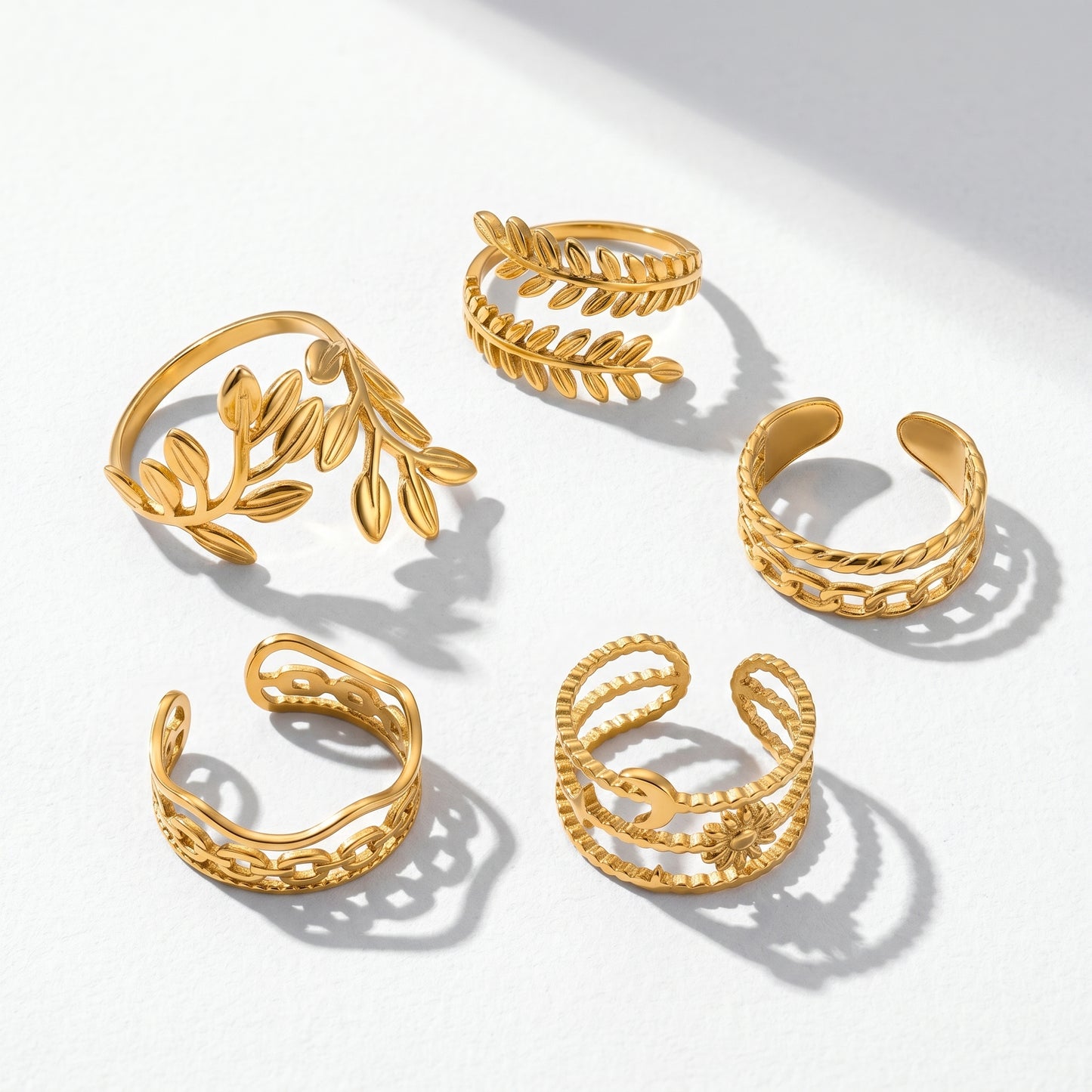 Minimalist 18K Gold Plated Stainless Steel Ring Set | 5Pcs Adjustable Open Statement Bands for Stacking