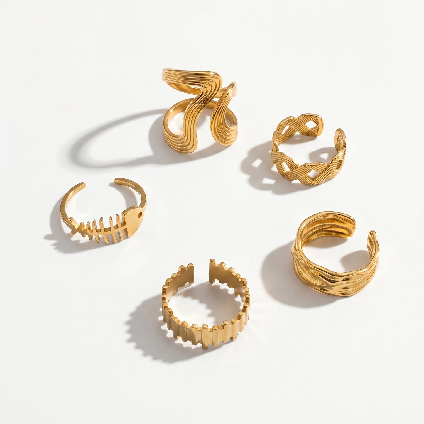 18K Gold Plated Wave Teardrop Design Open Ring Set | 5Pcs Adjustable Stackable Rings