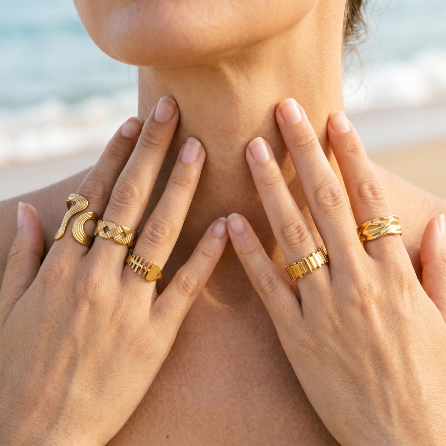 18K Gold Plated Wave Teardrop Design Open Ring Set | 5Pcs Adjustable Stackable Rings