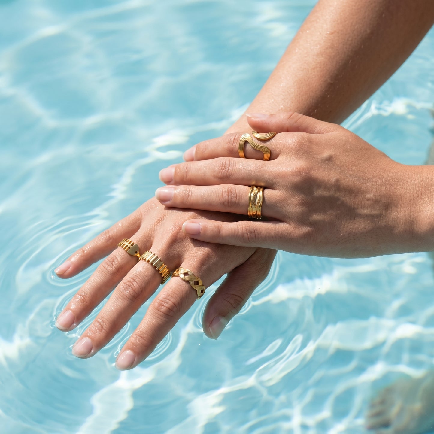 18K Gold Plated Wave Teardrop Design Open Ring Set | 5Pcs Adjustable Stackable Rings