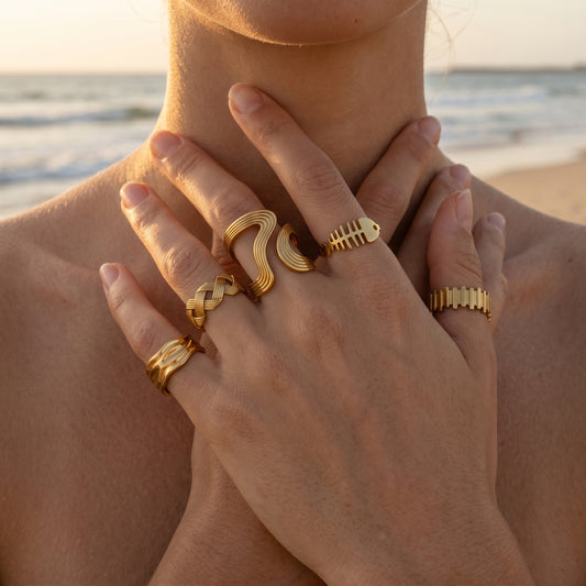 18K Gold Plated Wave Teardrop Design Open Ring Set | 5Pcs Adjustable Stackable Rings