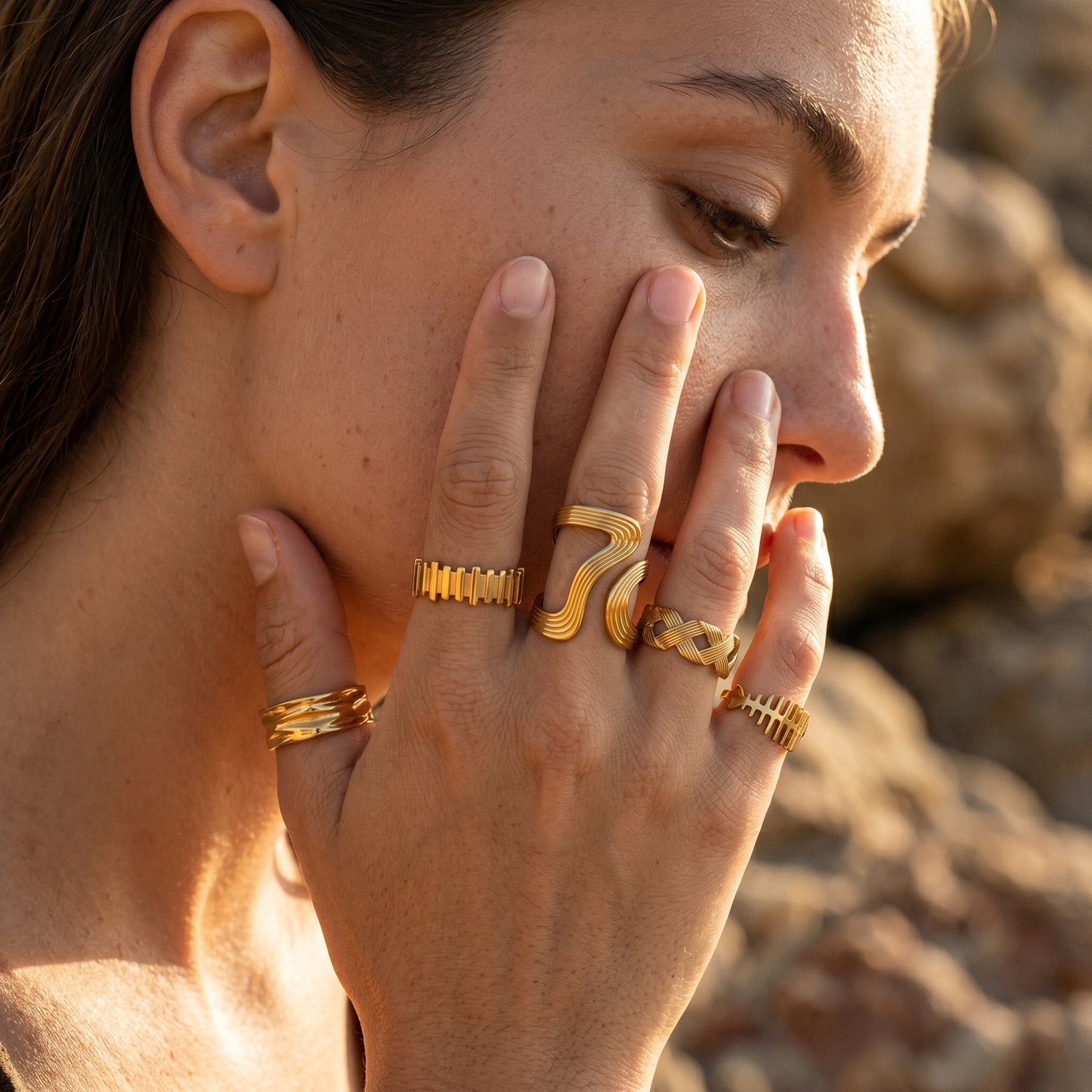 18K Gold Plated Wave Teardrop Design Open Ring Set | 5Pcs Adjustable Stackable Rings