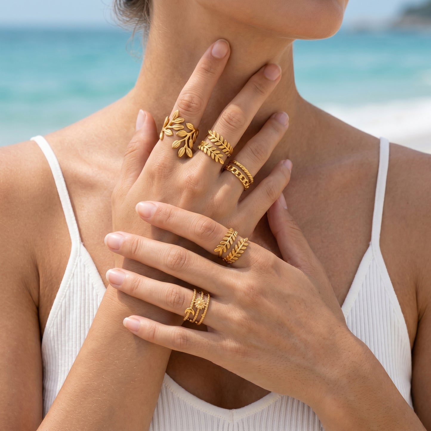 Minimalist 18K Gold Plated Stainless Steel Ring Set | 5Pcs Adjustable Open Statement Bands for Stacking