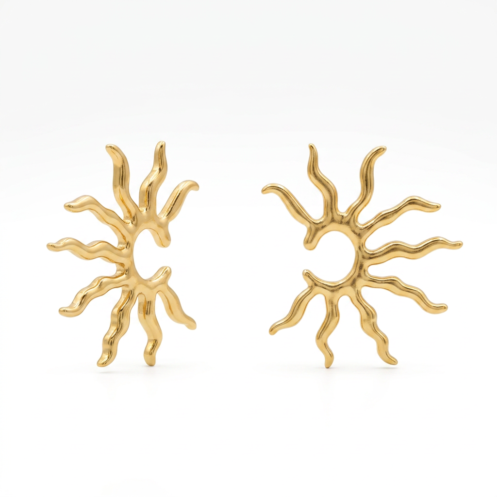 Gold Wavy Sun Open Stud Earrings - Tarnish Resistant Stainless Steel Hypoallergenic Boho Beach Fashion Jewelry for Women