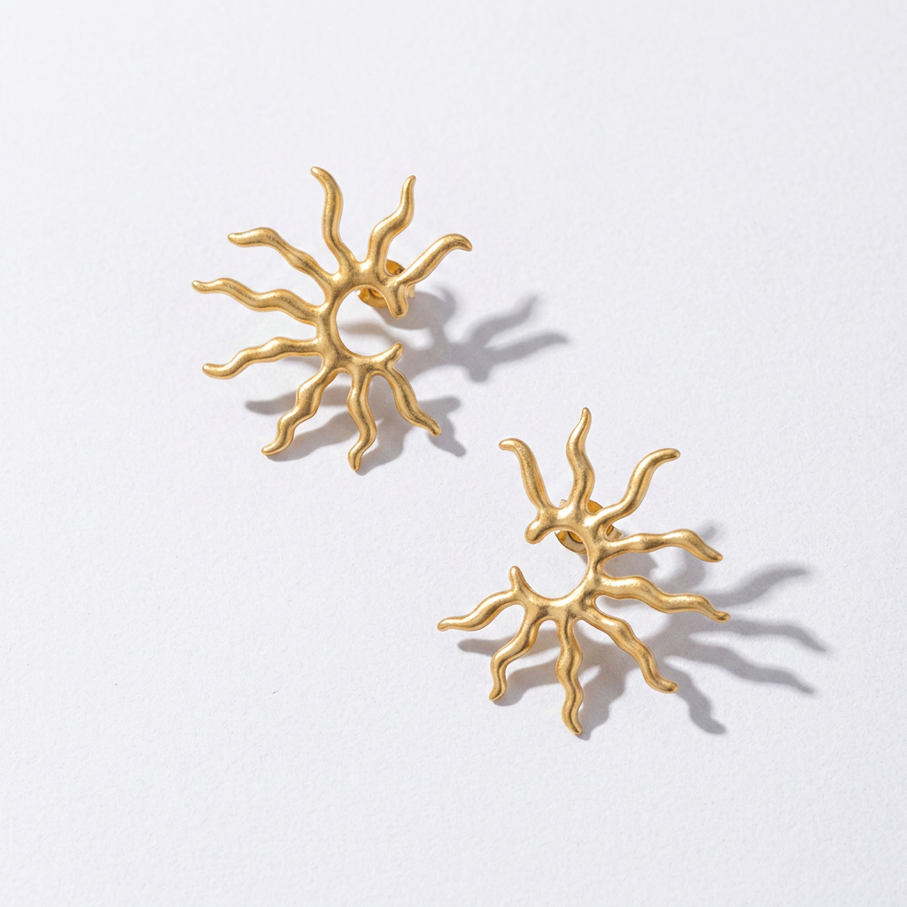 Gold Wavy Sun Open Stud Earrings - Tarnish Resistant Stainless Steel Hypoallergenic Boho Beach Fashion Jewelry for Women