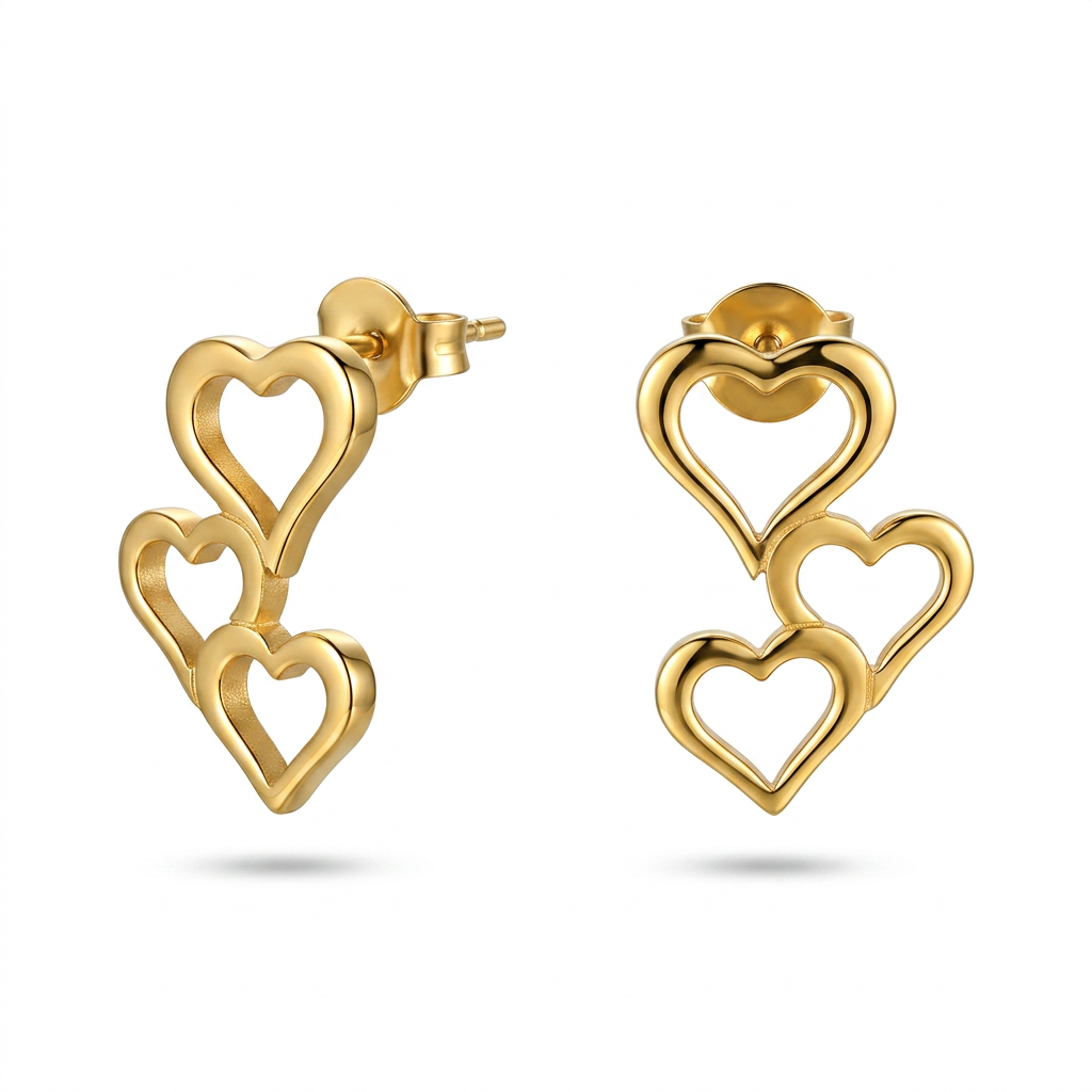 Luxury 18K Gold Filled Triple Hollow Heart Earrings Premium Stainless Steel Piercing Jewelry Anti-allergy Daily Accessory for Ladies