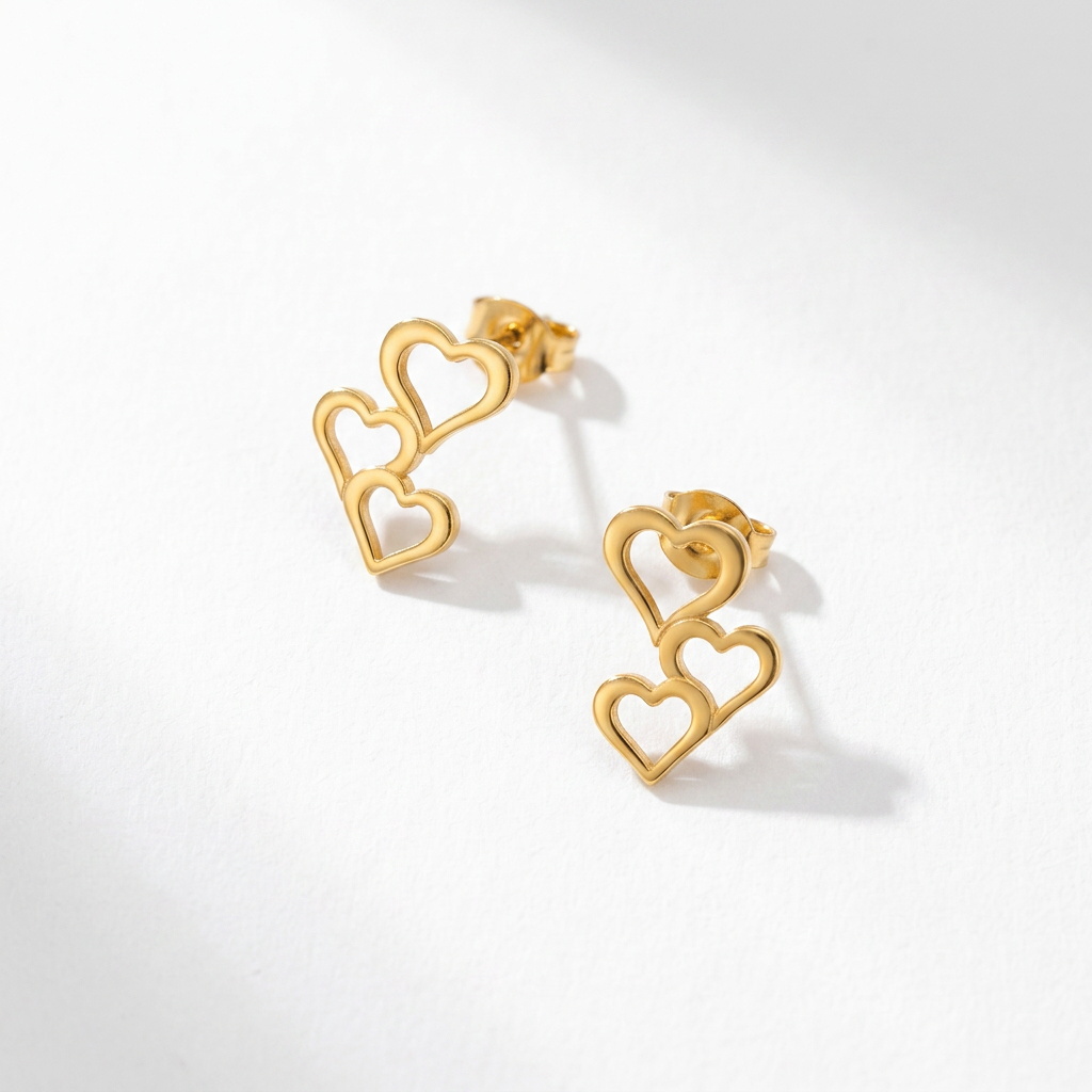 Luxury 18K Gold Filled Triple Hollow Heart Earrings Premium Stainless Steel Piercing Jewelry Anti-allergy Daily Accessory for Ladies
