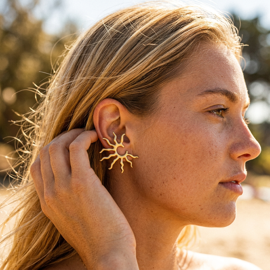 Gold Wavy Sun Open Stud Earrings - Tarnish Resistant Stainless Steel Hypoallergenic Boho Beach Fashion Jewelry for Women