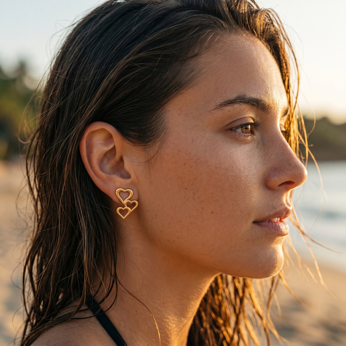 Luxury 18K Gold Filled Triple Hollow Heart Earrings Premium Stainless Steel Piercing Jewelry Anti-allergy Daily Accessory for Ladies