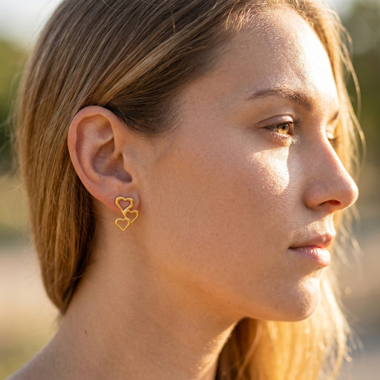 Luxury 18K Gold Filled Triple Hollow Heart Earrings Premium Stainless Steel Piercing Jewelry Anti-allergy Daily Accessory for Ladies