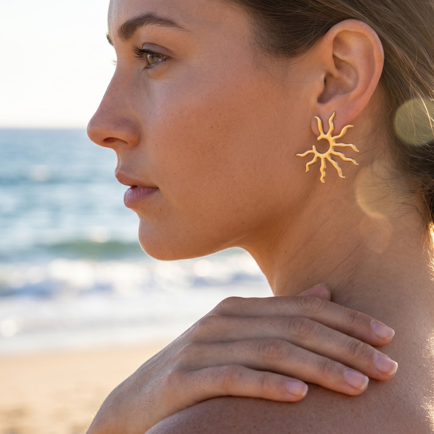 Gold Wavy Sun Open Stud Earrings - Tarnish Resistant Stainless Steel Hypoallergenic Boho Beach Fashion Jewelry for Women