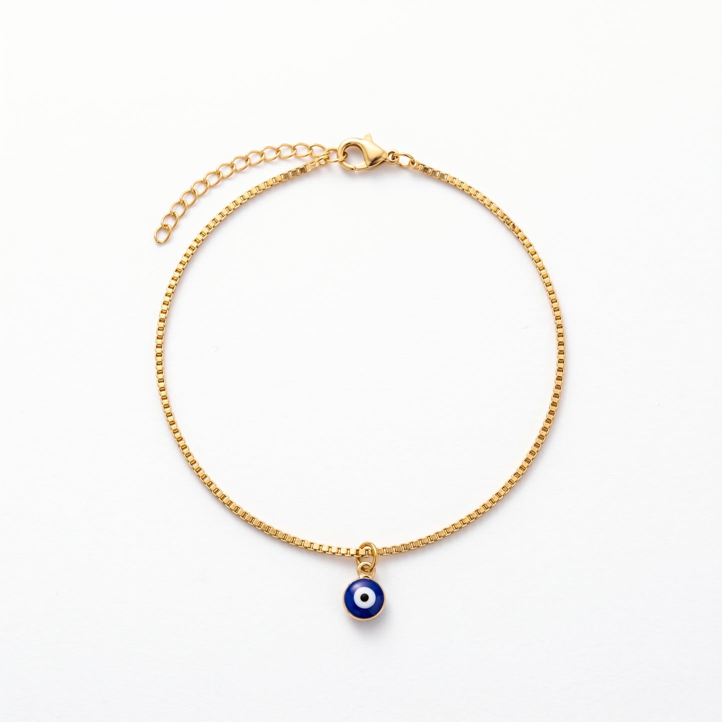 Hypoallergenic Blue Eye Charm Bracelet - Adjustable Box Chain 18K Gold Plated Bracelet