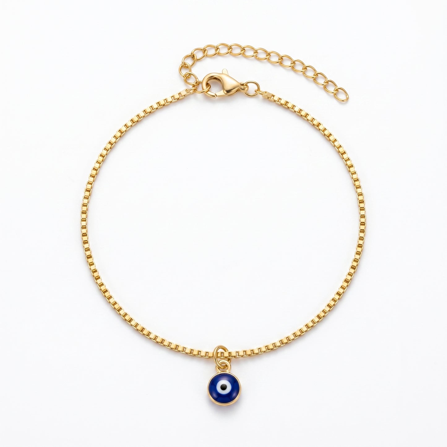 Hypoallergenic Blue Eye Charm Bracelet - Adjustable Box Chain 18K Gold Plated Bracelet