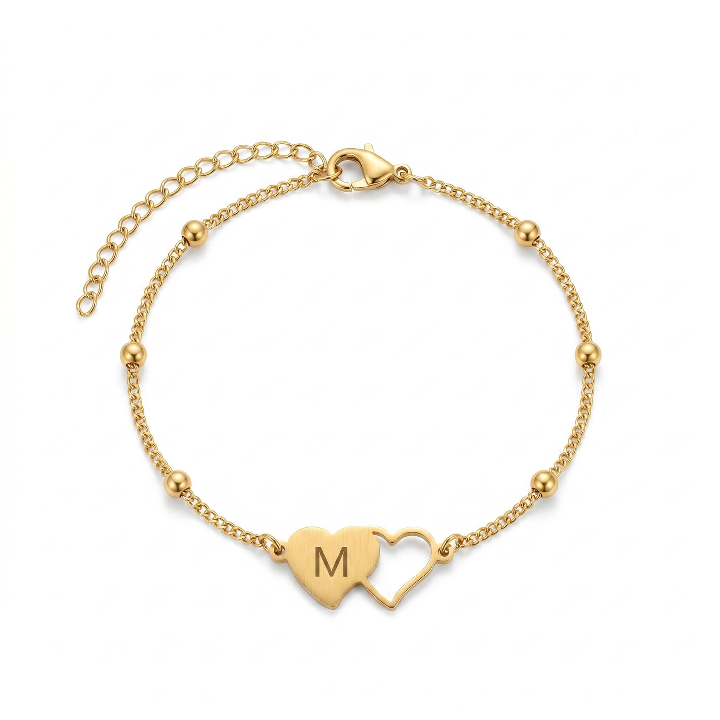 Personalized Initial Heart Bracelet - 18K Gold Plated Stainless Steel Adjustable Chain