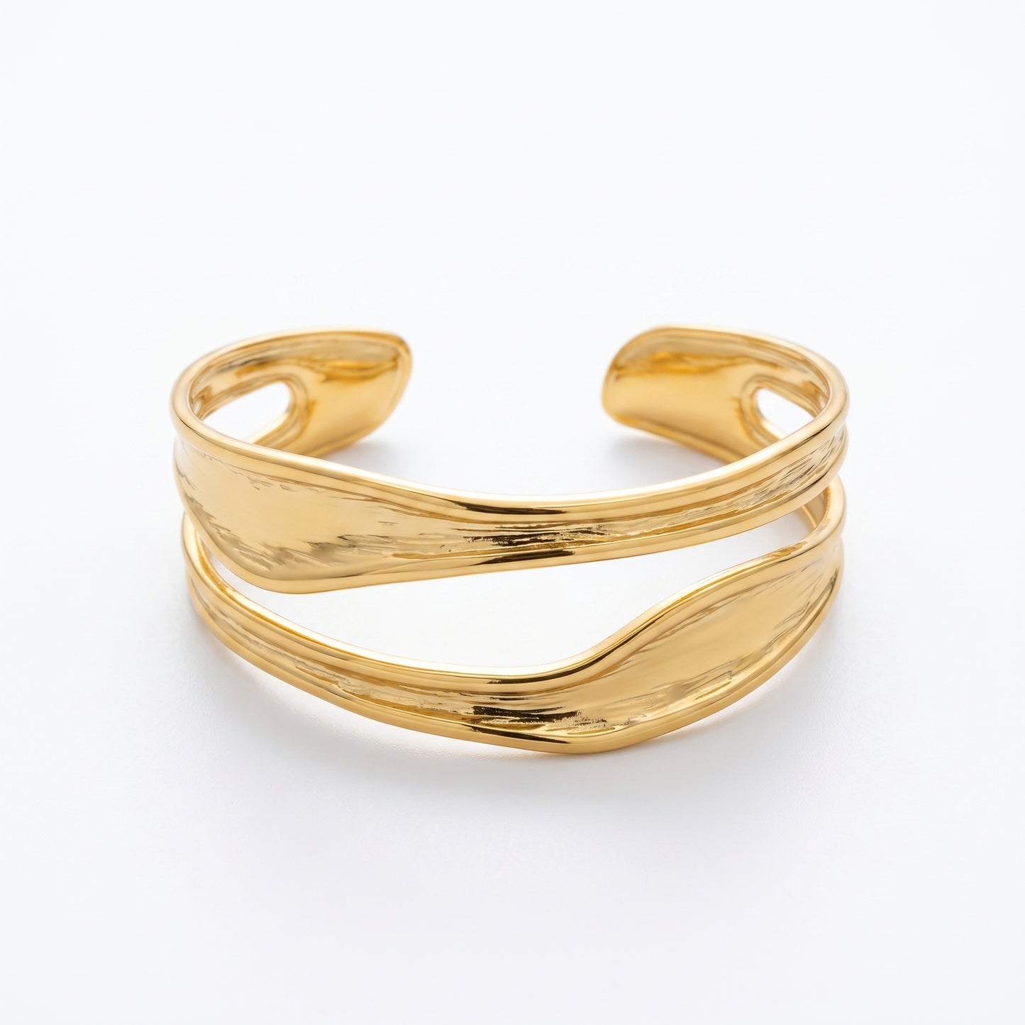 Sleek Double Layer Wave Bangle - 18K Gold Plated Everyday Adjustable Open Bracelet
