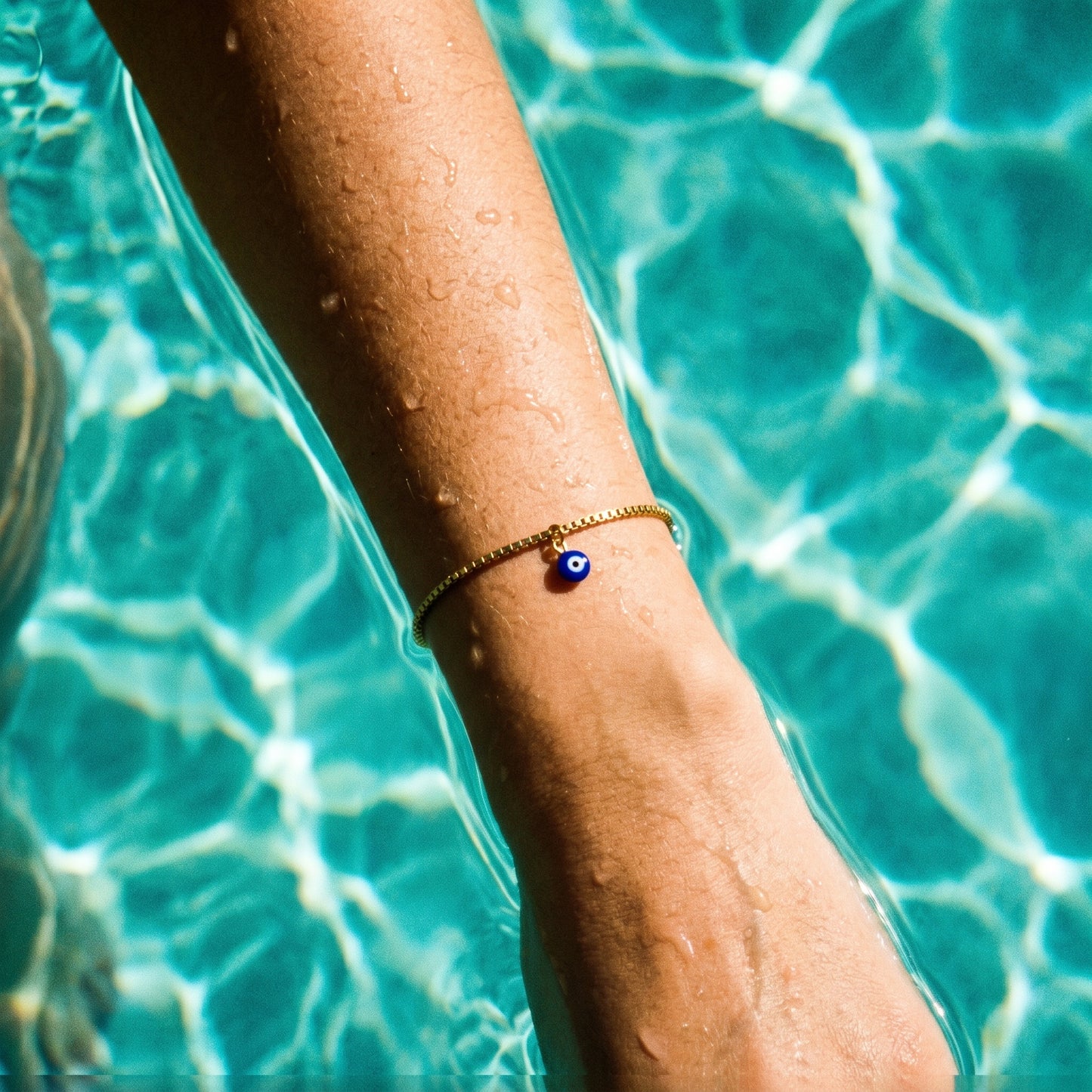 Hypoallergenic Blue Eye Charm Bracelet - Adjustable Box Chain 18K Gold Plated Bracelet