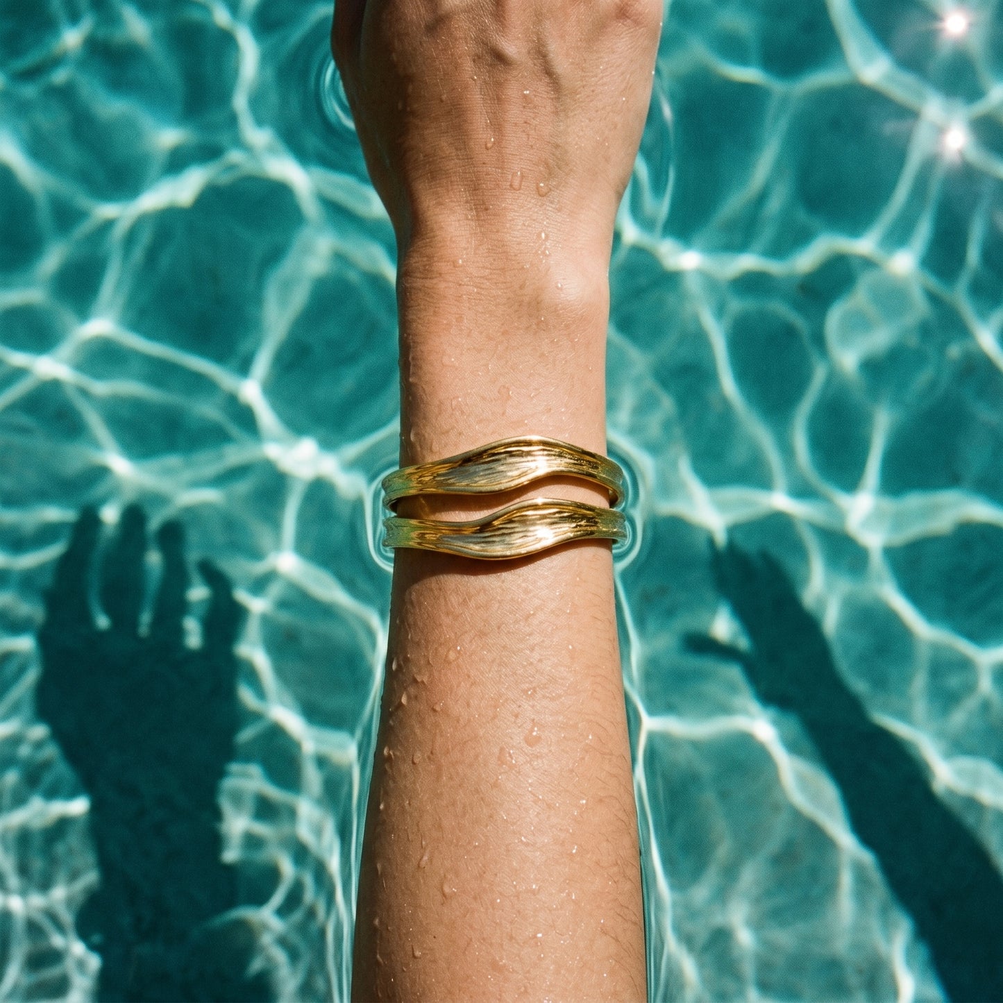 Sleek Double Layer Wave Bangle - 18K Gold Plated Everyday Adjustable Open Bracelet