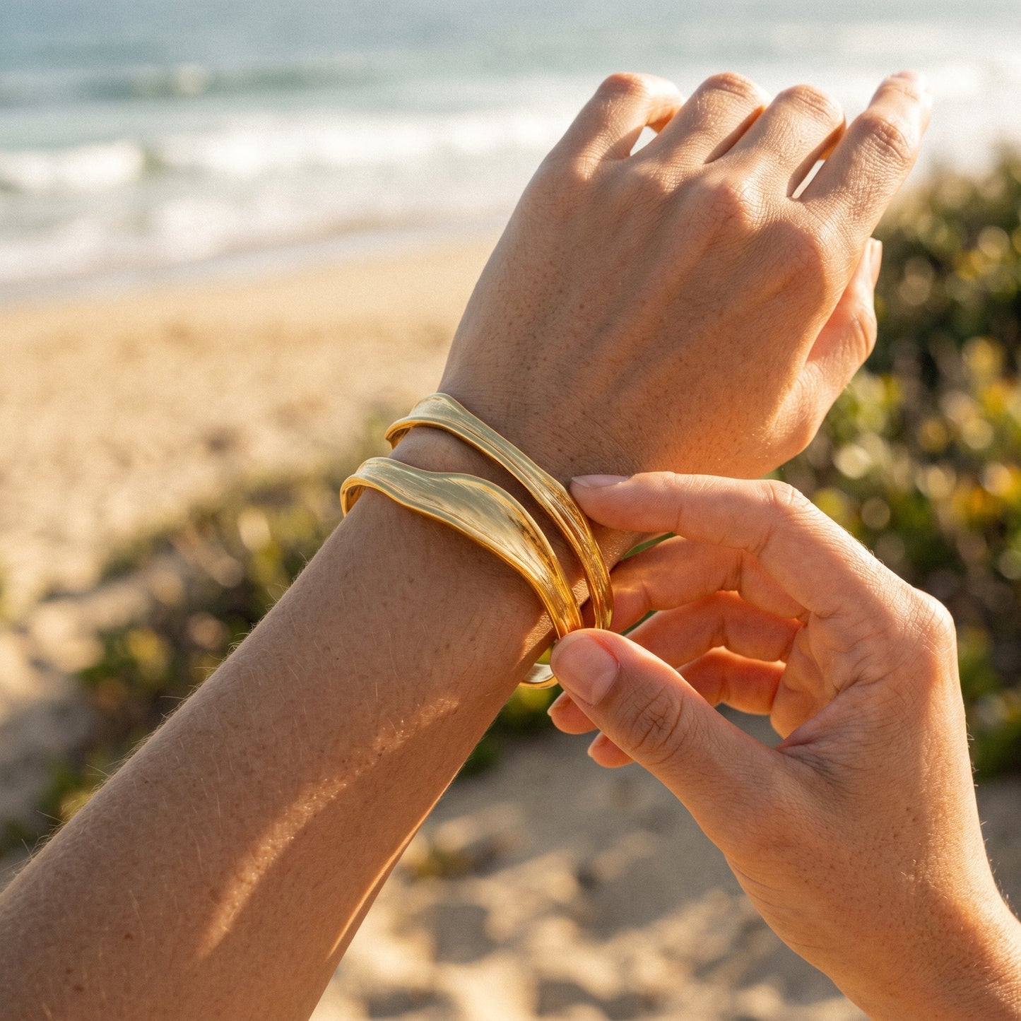Sleek Double Layer Wave Bangle - 18K Gold Plated Everyday Adjustable Open Bracelet