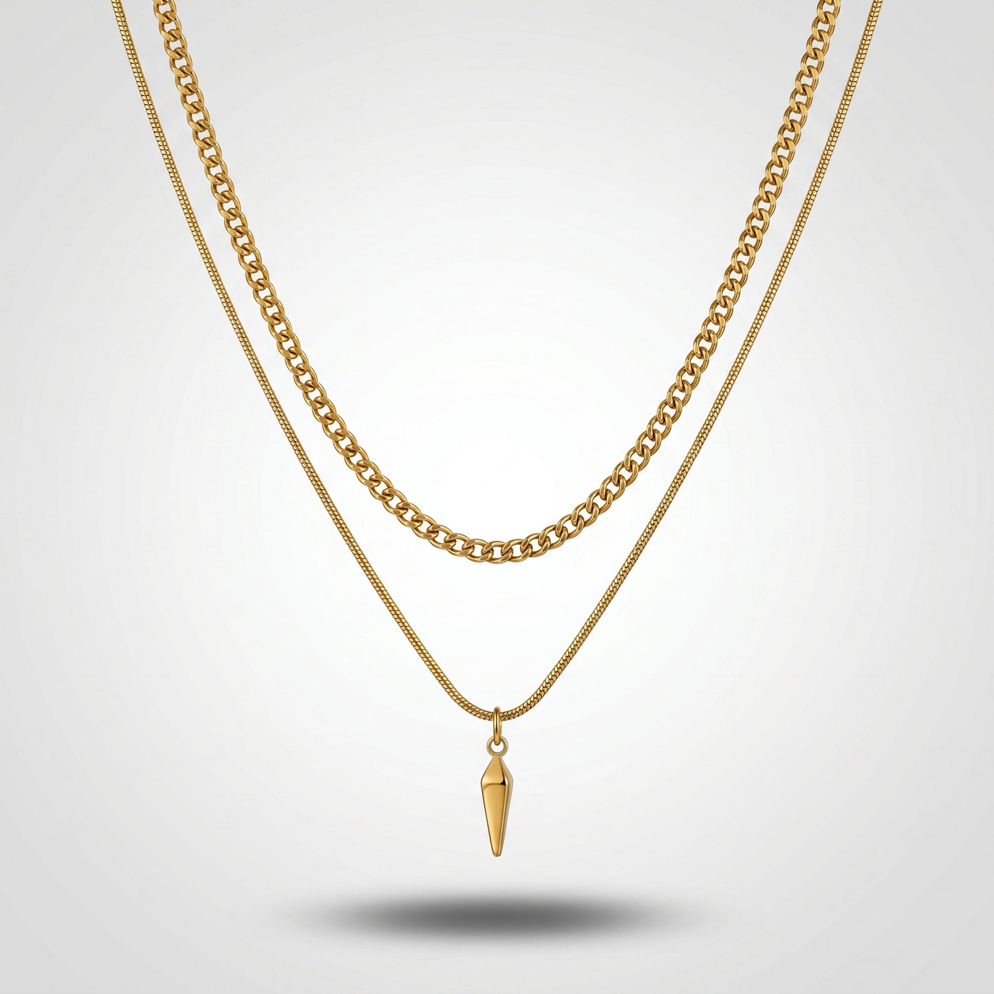 Waterproof Spike Pendant Layered Necklace - 18K Gold Plated Stainless Steel Cuban & Box Chain