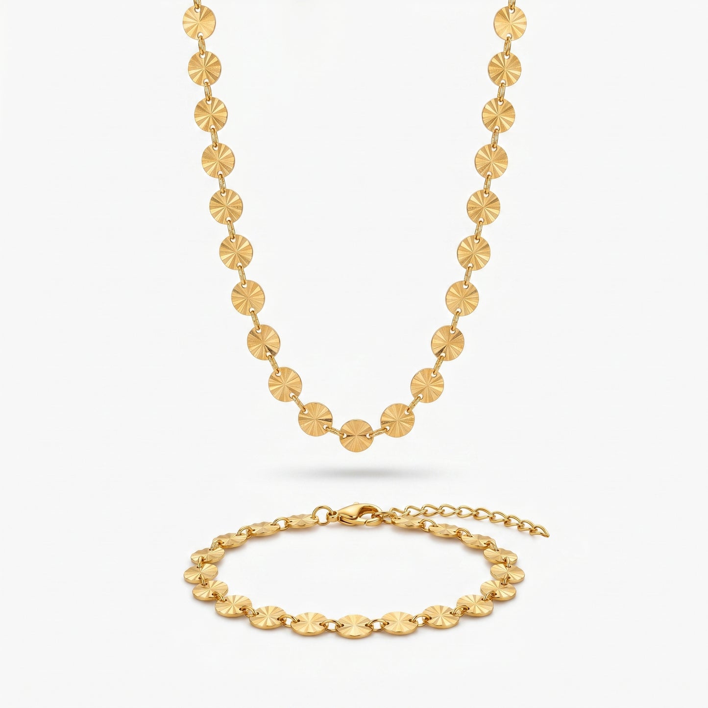Hypoallergenic Starburst Disk Jewelry Set - Tarnish Resistant 18K Gold Plated Matching Chain Set