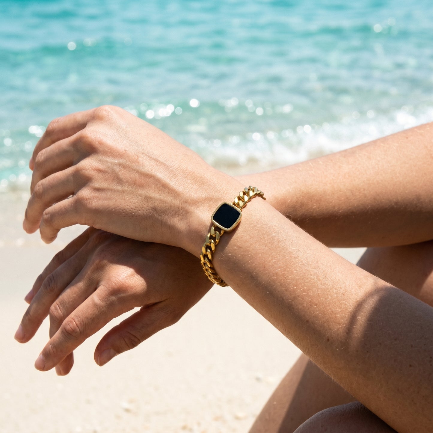Beach & Pool Ready Black Onyx Cuban Bracelet - Waterproof 18K Gold Plated Statement Jewelry