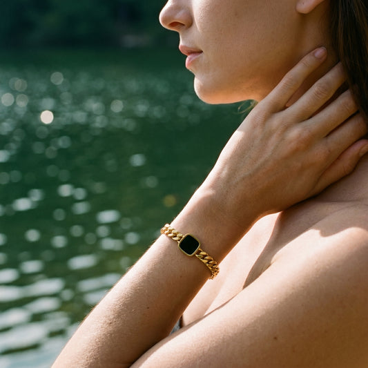 Beach & Pool Ready Black Onyx Cuban Bracelet - Waterproof 18K Gold Plated Statement Jewelry