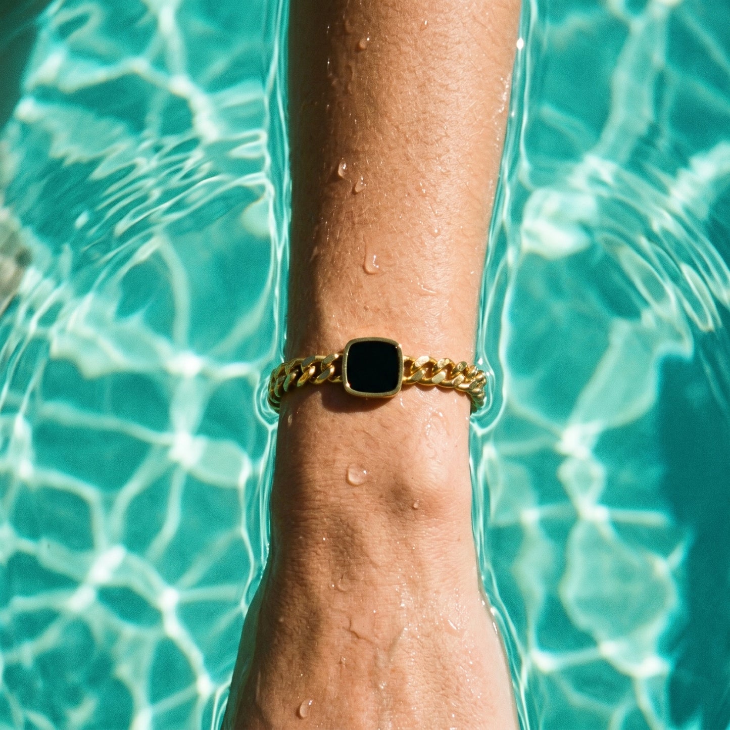 Beach & Pool Ready Black Onyx Cuban Bracelet - Waterproof 18K Gold Plated Statement Jewelry