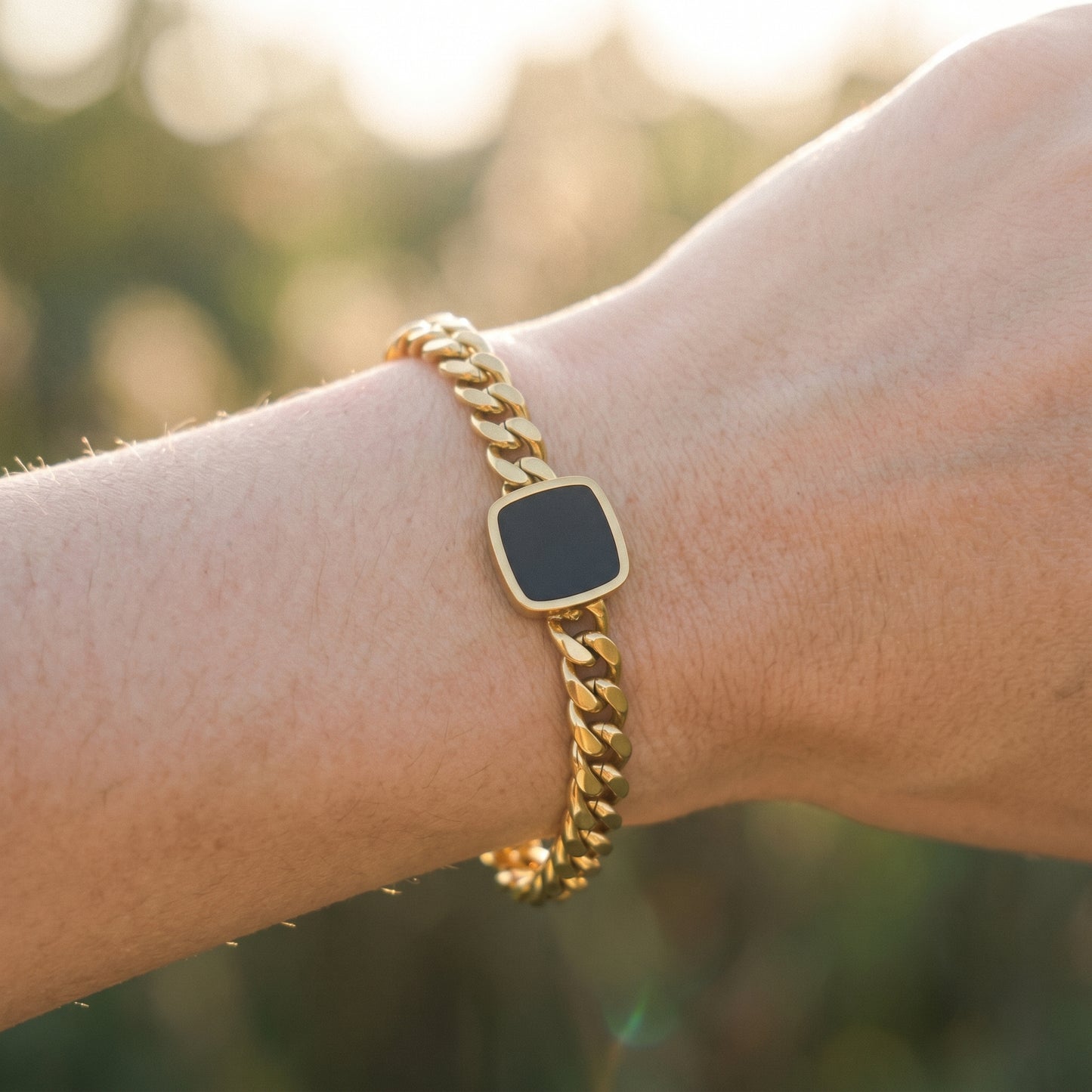 Beach & Pool Ready Black Onyx Cuban Bracelet - Waterproof 18K Gold Plated Statement Jewelry