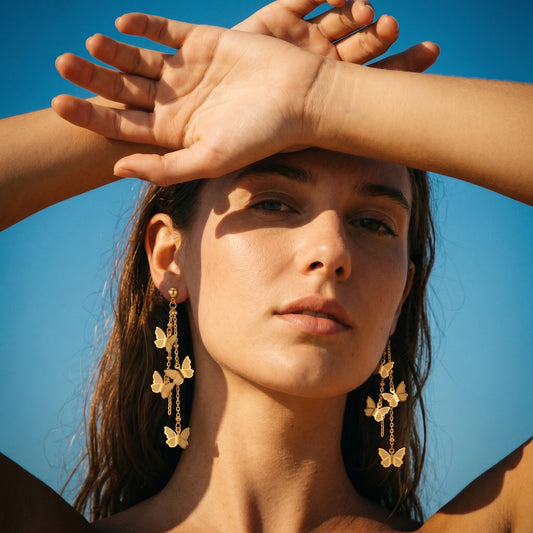 Summerproof Butterfly Fringe Drop Earrings - 18K Gold Plated Waterproof Stainless Steel