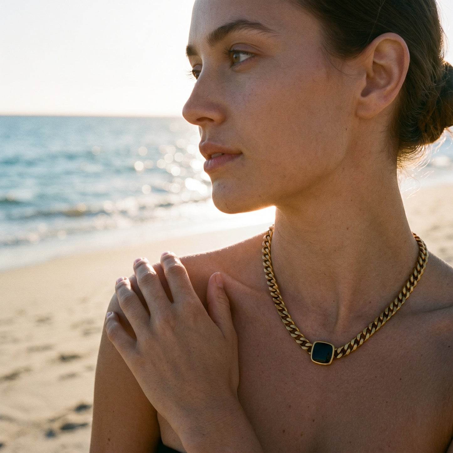 Minimalist Black Gem Cuban Necklace - 18K Gold Plated Stainless Steel Everyday Neck Chain