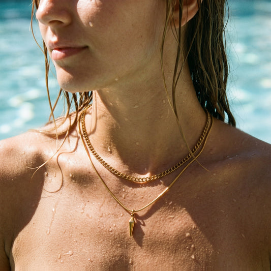 Waterproof Spike Pendant Layered Necklace - 18K Gold Plated Stainless Steel Cuban & Box Chain