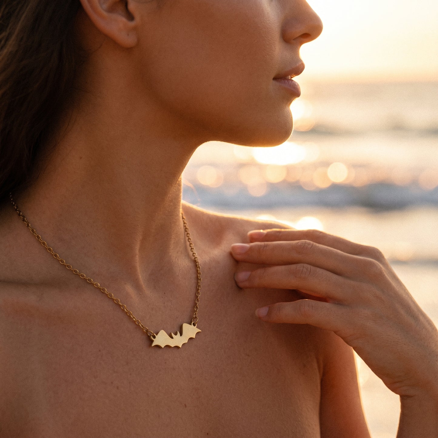 Halloween Ready Bat Pendant Necklace - Waterproof 18K Gold Plated Gothic Statement Jewelry