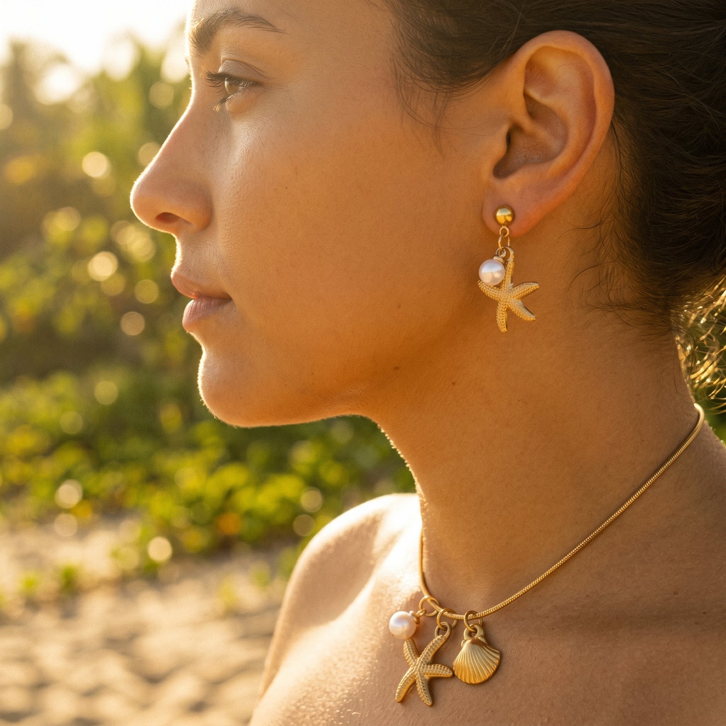 Minimalist Nautical Pearl Jewelry Set - 18K Gold Plated Stainless Steel Starfish Drop Accessories