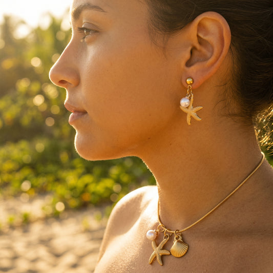 Minimalist Nautical Pearl Jewelry Set - 18K Gold Plated Stainless Steel Starfish Drop Accessories