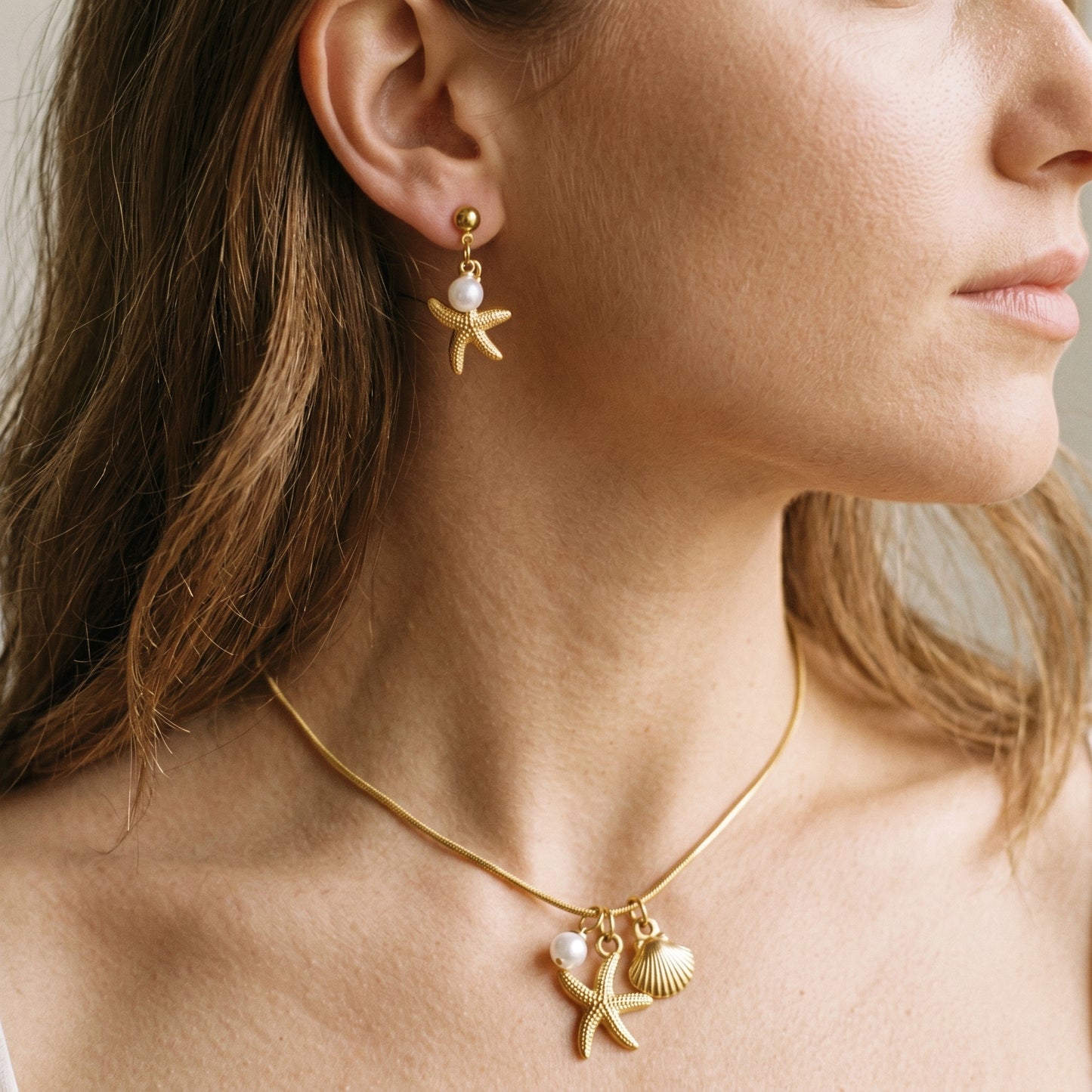 Minimalist Nautical Pearl Jewelry Set - 18K Gold Plated Stainless Steel Starfish Drop Accessories